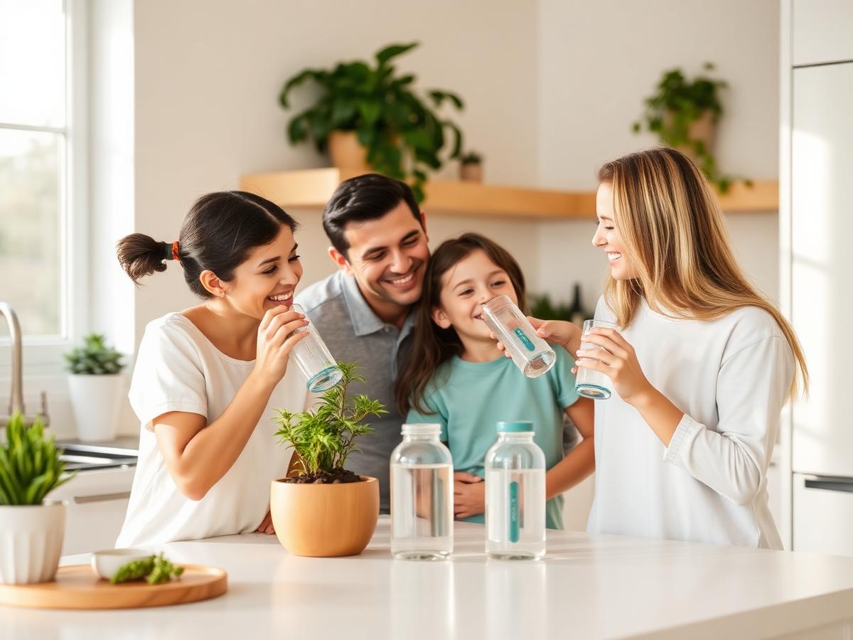 Family drinking water together in a bright kitchen