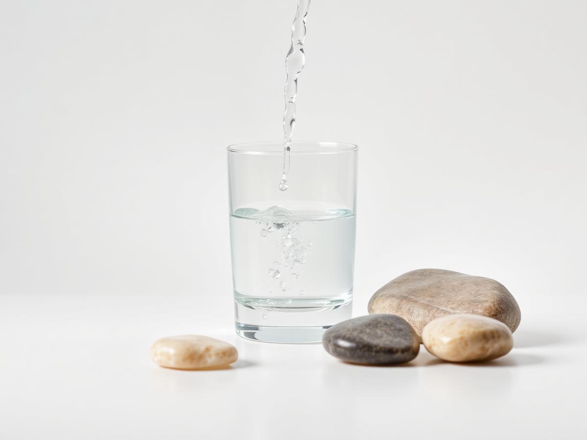 Water being poured into a glass beside natural stones